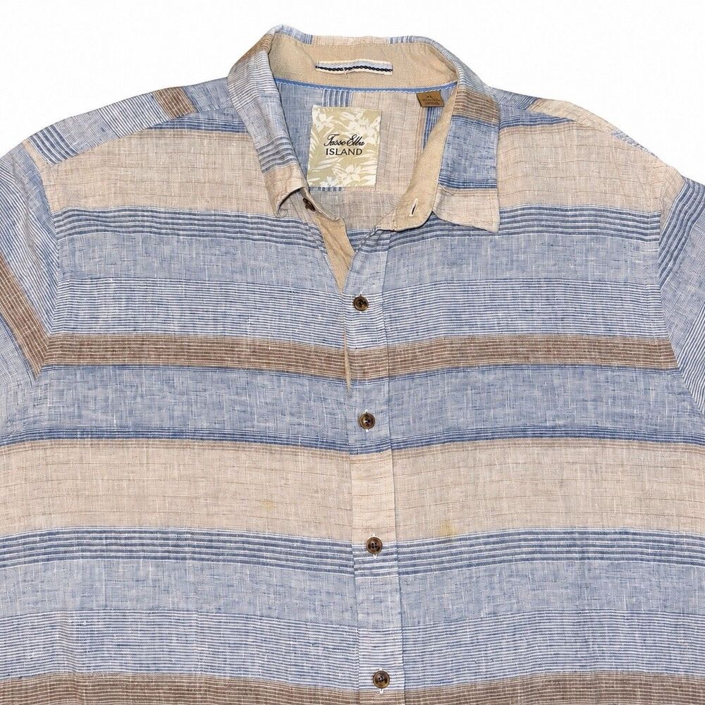 Tasso Elba Island Shirt Mens XL Linen Cotton Striped Button Up Blue Beige - Picture 2 of 7